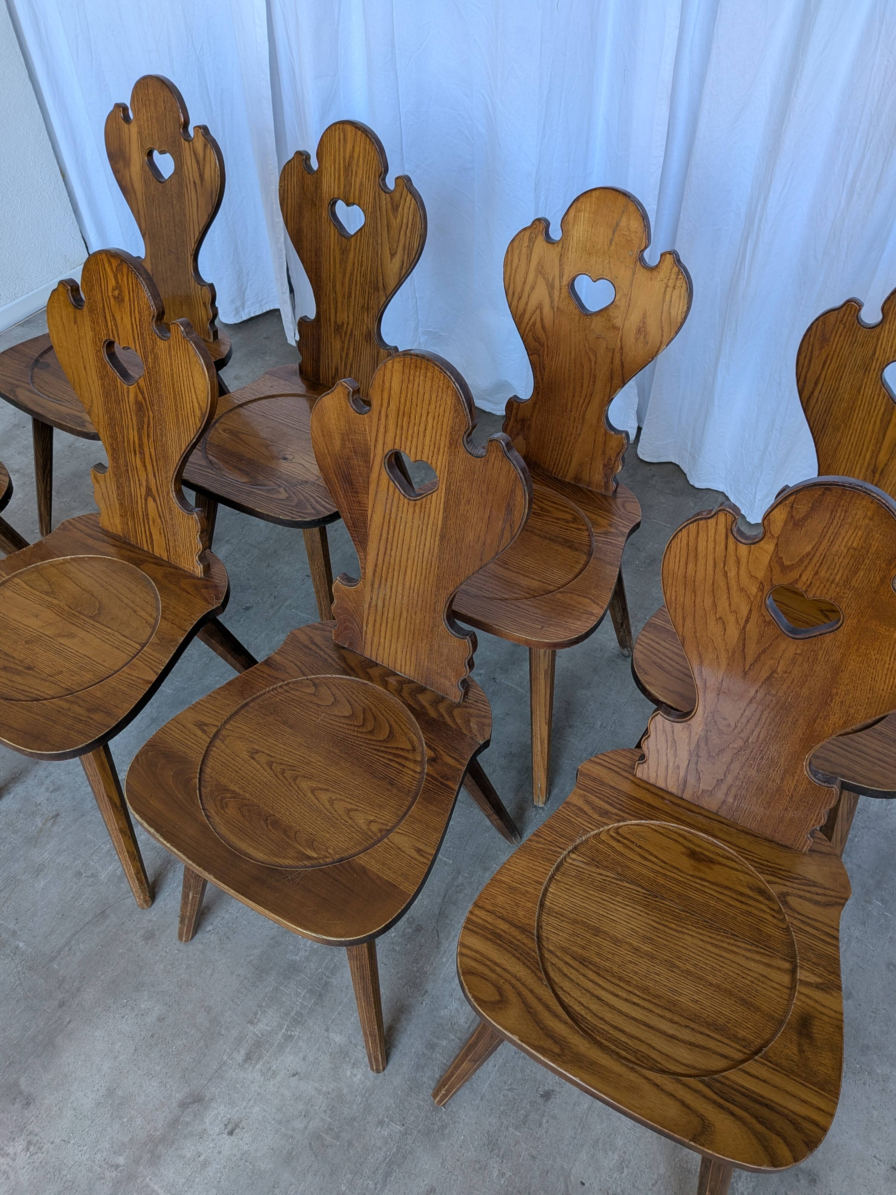 Set of 8 Farmhouse Tyrolean Chair with Heart Cutout Back / 1970s Vintage Di