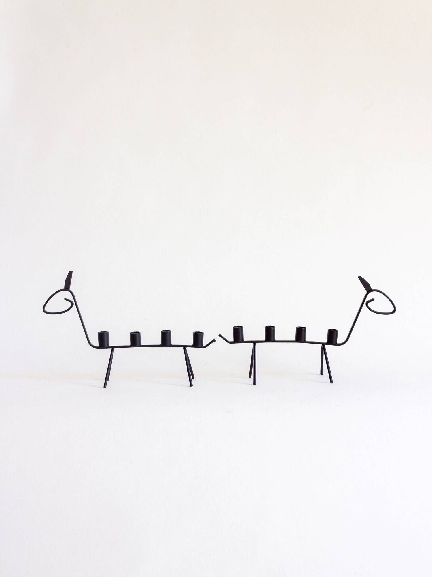 Pair of two zoomorphic wrought iron candlesticks with 4 lights, 1960s
