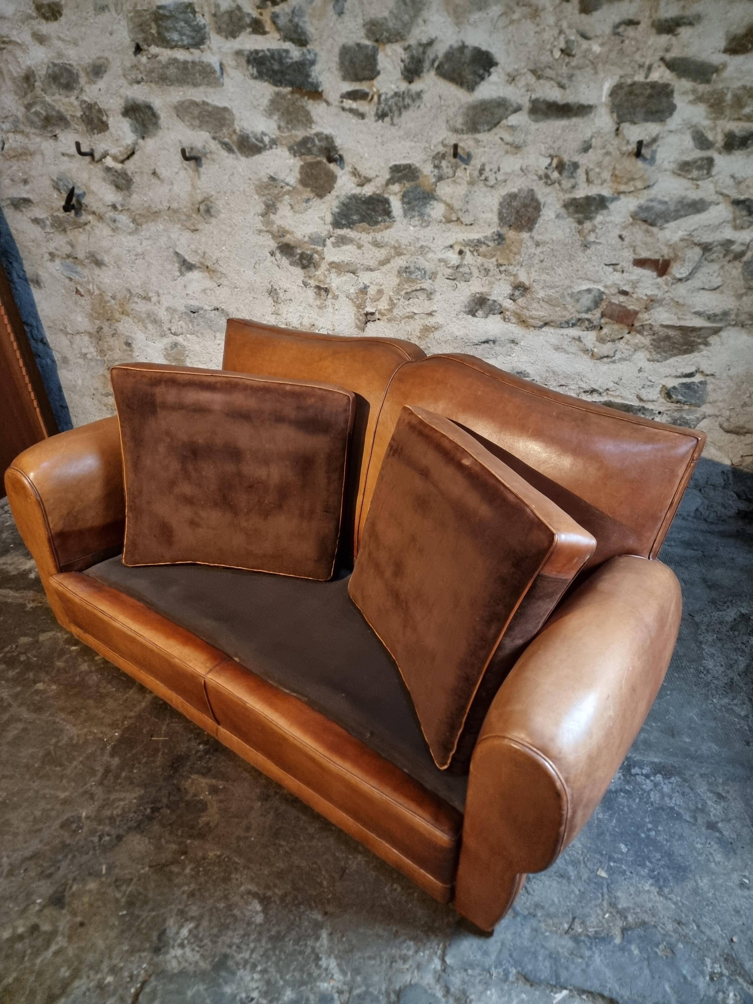Vintage French leather moustache canapé, 1940s–1950s
