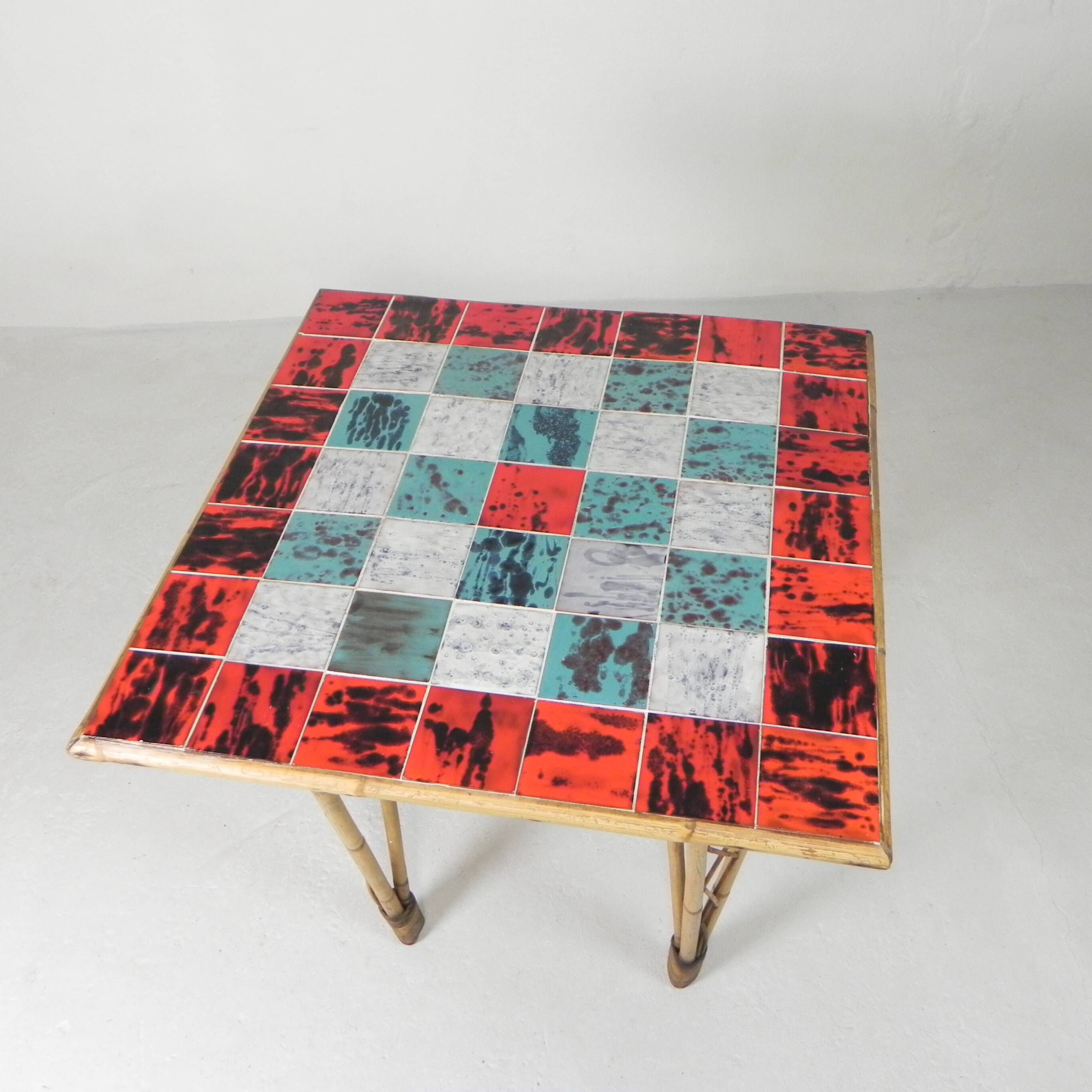 Vintage bamboo dining table with red, white and blue checks, 1950s