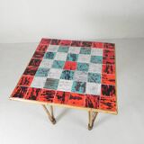 Vintage bamboo dining table with red, white and blue checks, 1950s