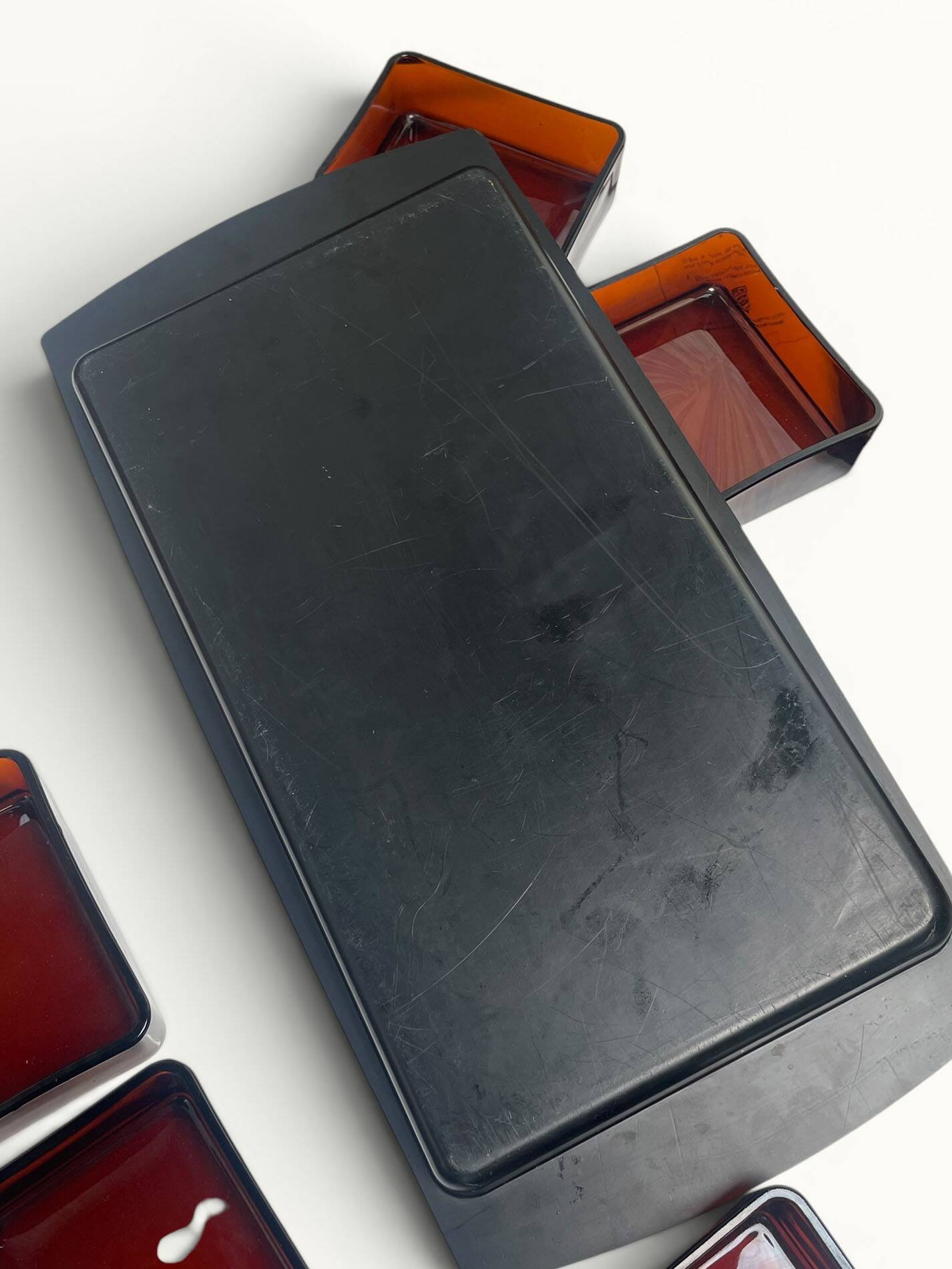 Plateau apéritif service Vereco — verre ambré fumé — France années 70