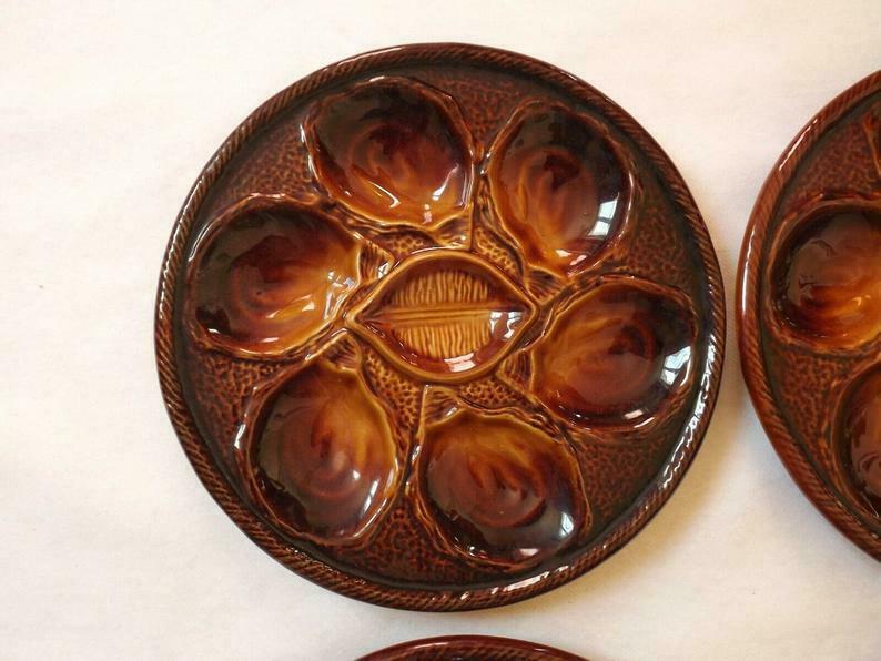 Set of 6 vintage French majolica oyster plates by St Clements France.