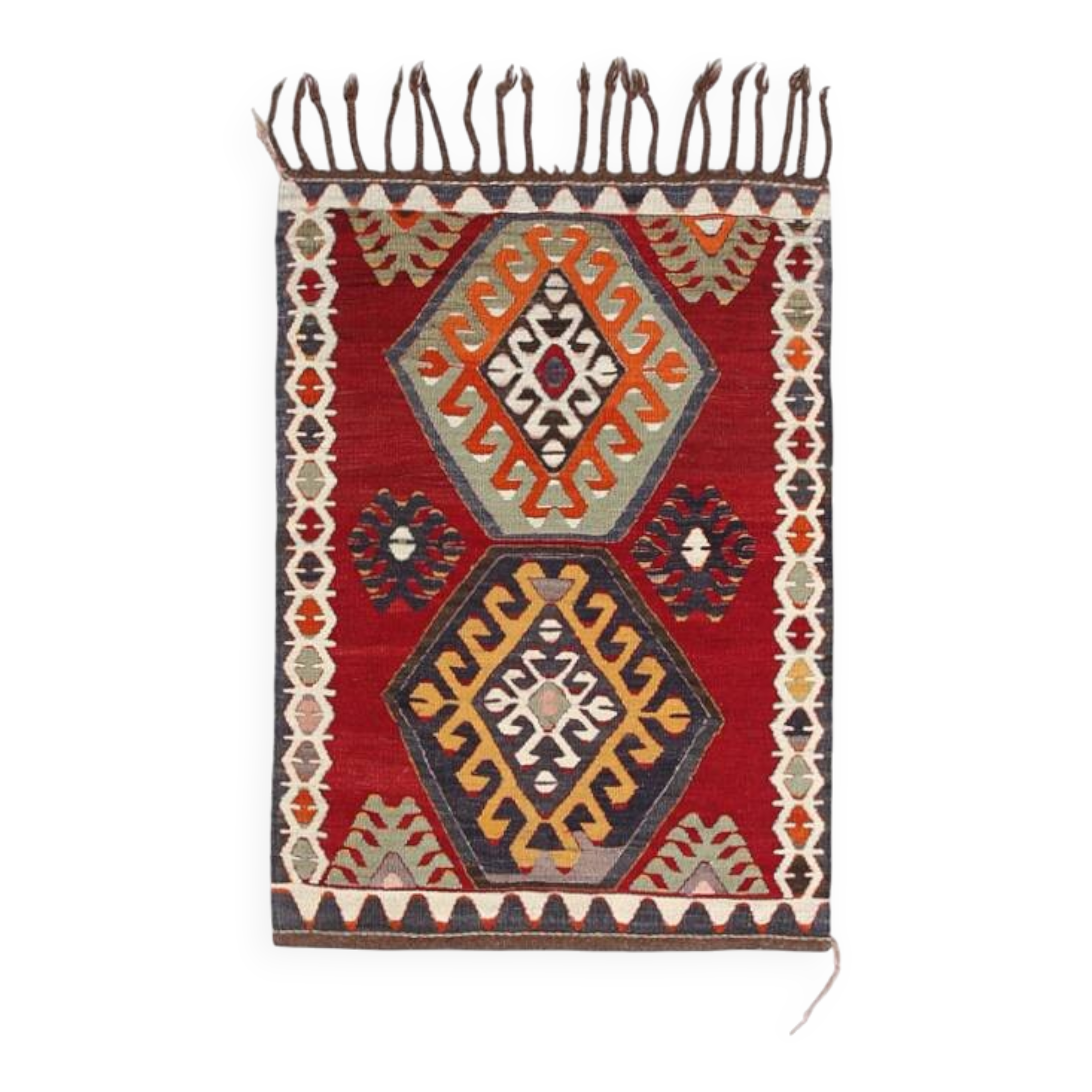 Kilim Vintage Anatolien Rouge – Motifs Géométriques, Laine, 88x125 Cm