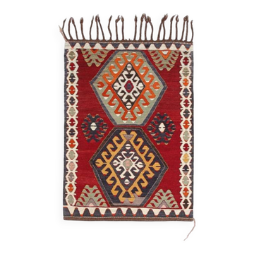Kilim Vintage Anatolien Rouge – Motifs Géométriques, Laine, 88x125 Cm