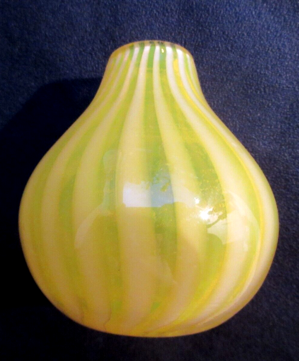 Art Deco glass vase, very small, ball shape with yellow and opalescent stripes