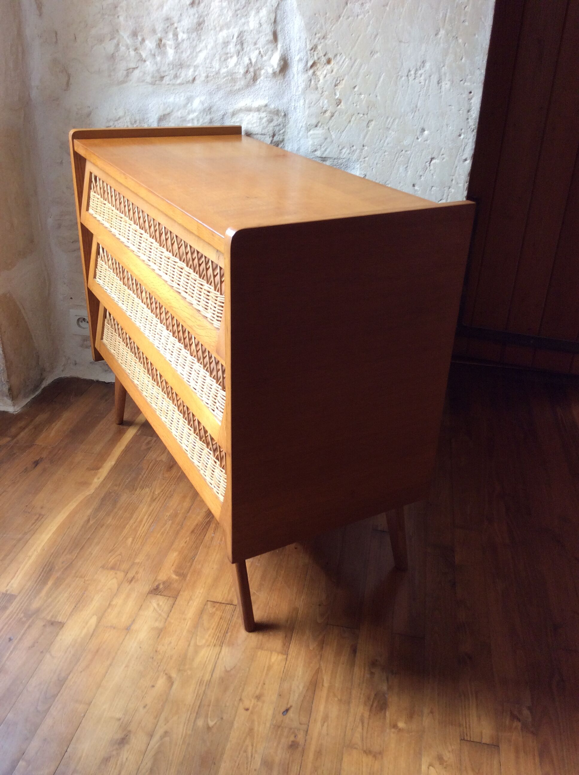 Chest of drawer vintage 50's wood and rattan