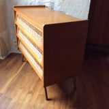 Chest of drawer vintage 50's wood and rattan