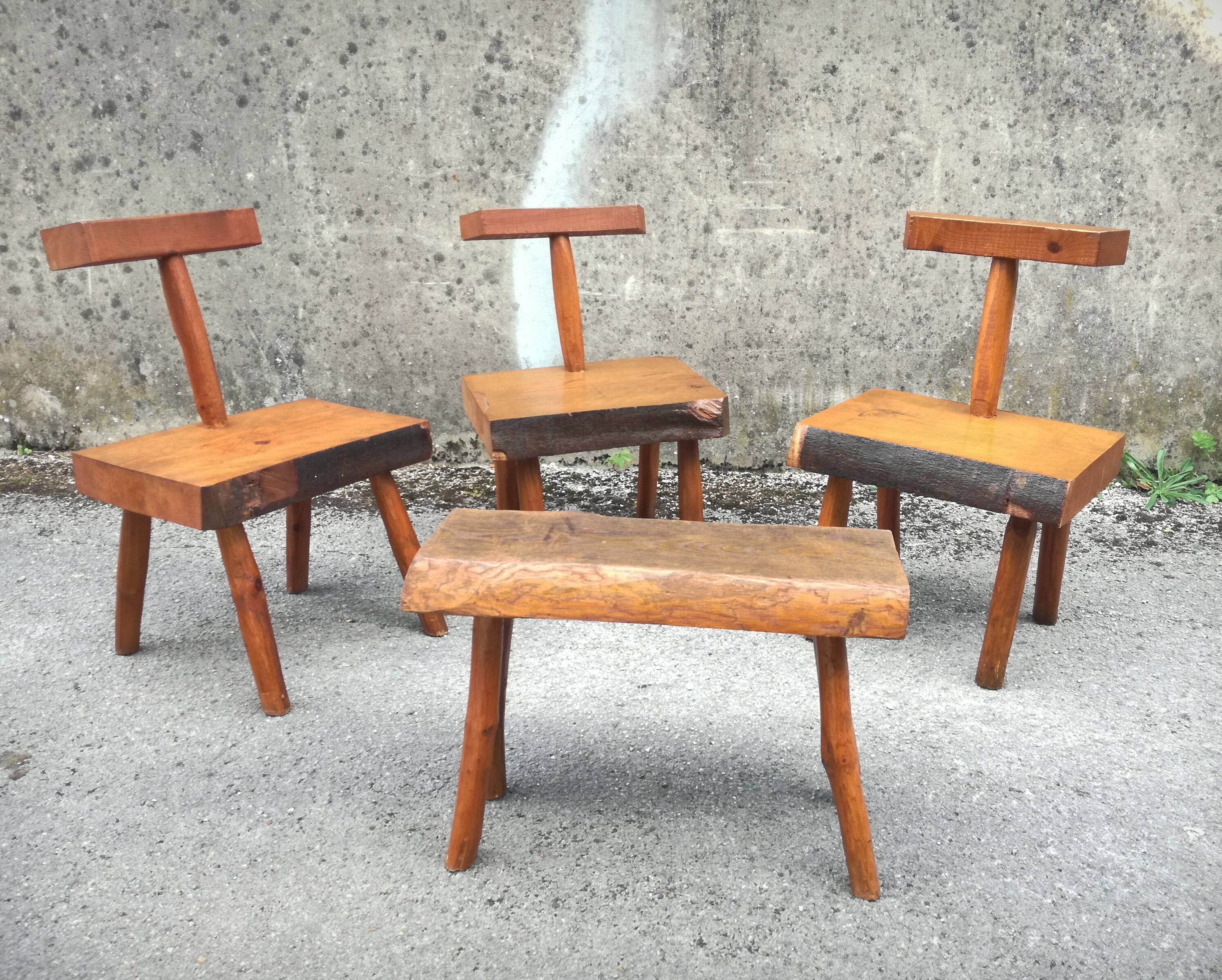 Brutalist handcrafted chairs, France, 1960s, set of 5