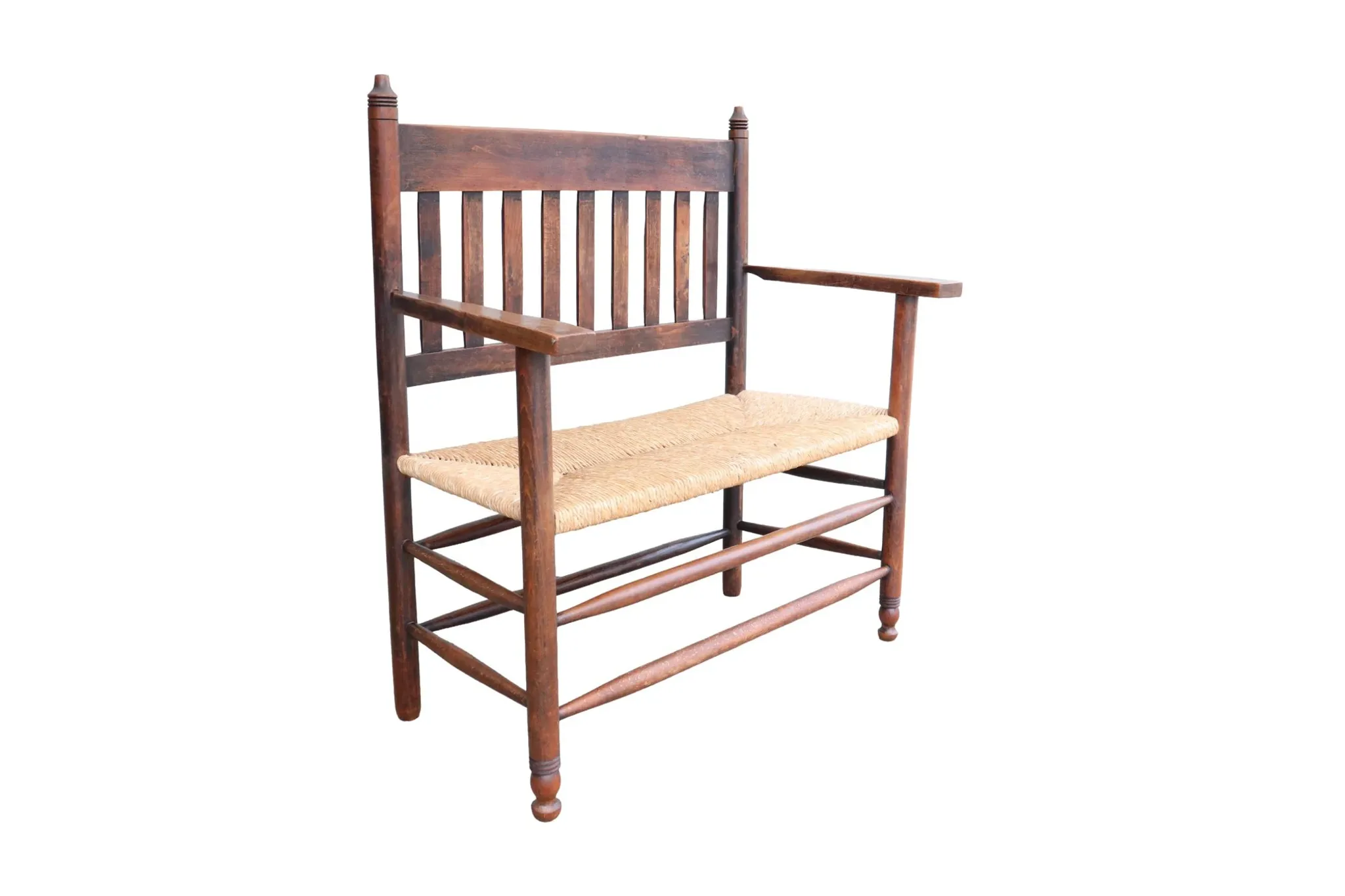 Antique Dutch wooden bench with woven seat