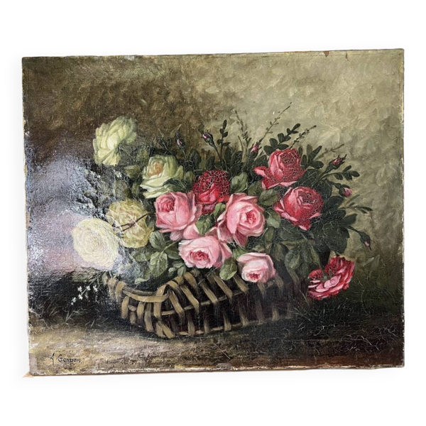 Tableau huile sur toile bouquet par gondois 19eme