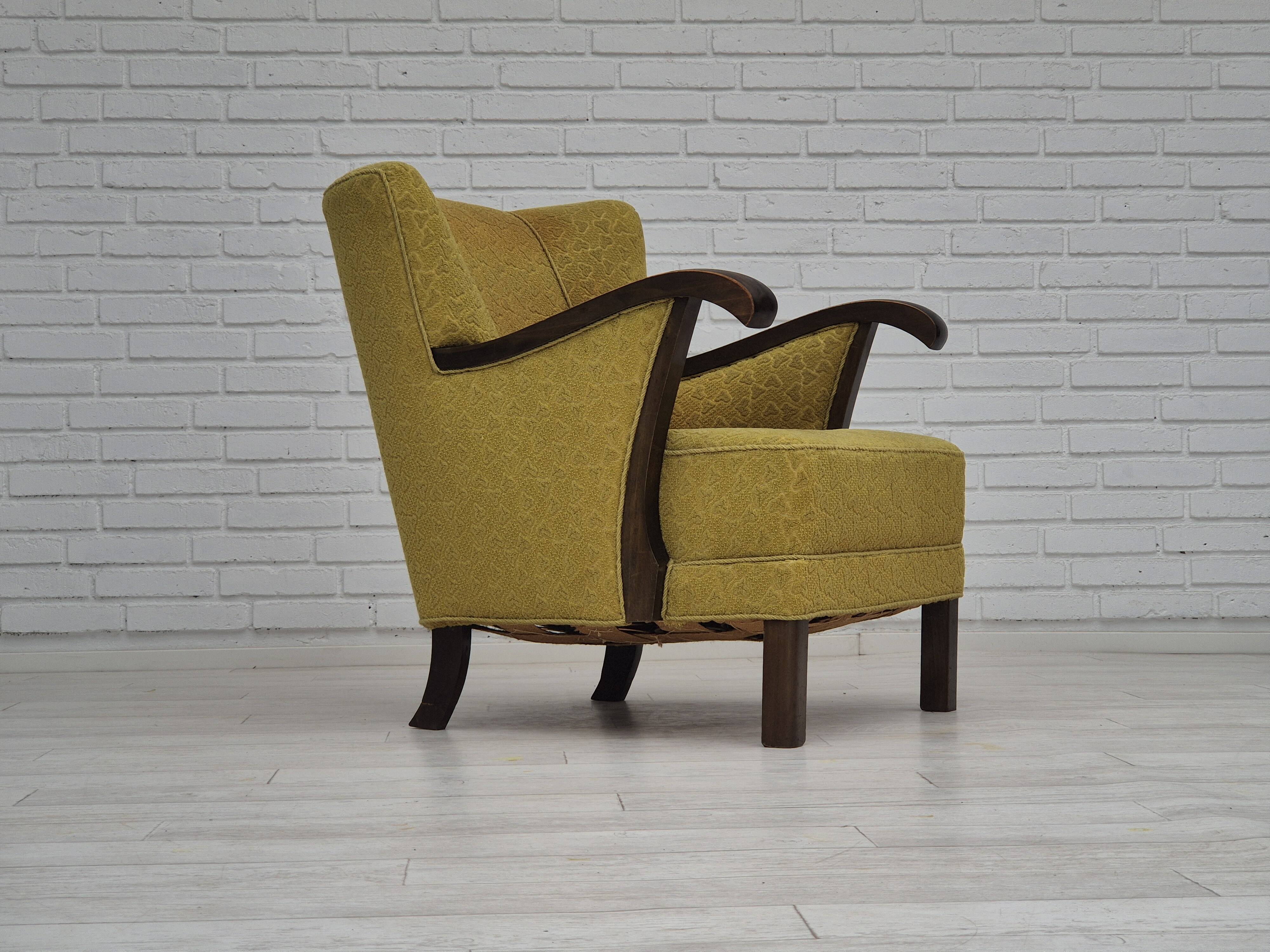 1950s, Danish vintage chair, light green cotton/wool fabric, beech wood.