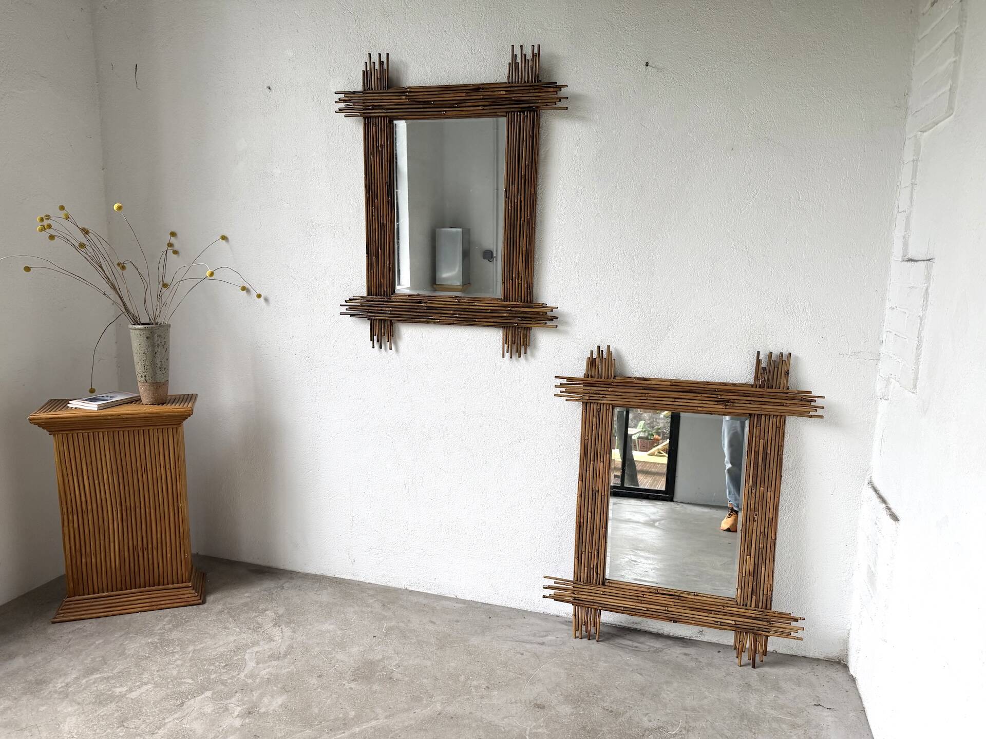 Pair of large vintage bamboo mirrors, 1970s