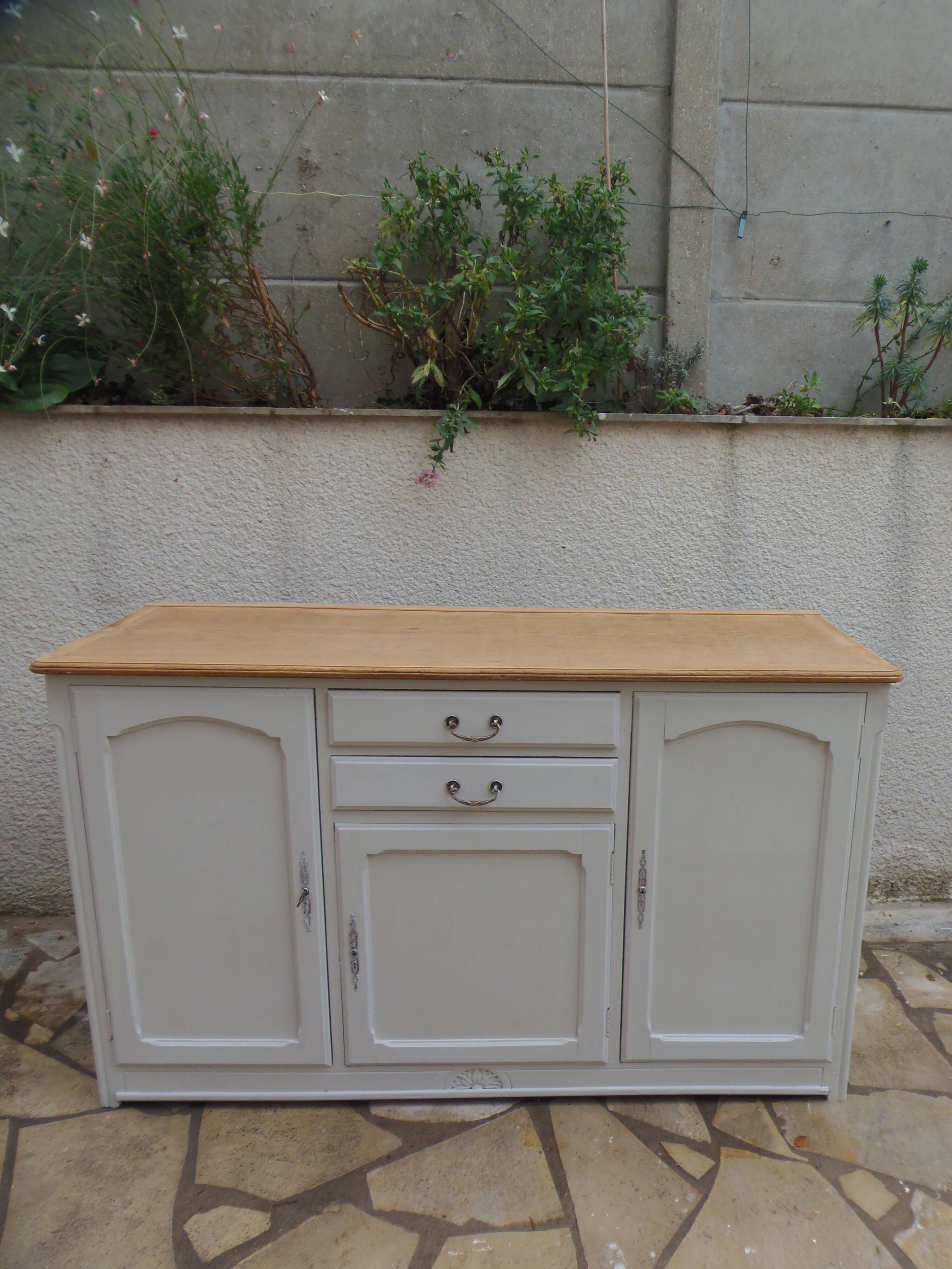 Vintage sideboard in pearl grey patinated oak, wooden top.