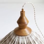 "Olga" pleated pendant light in beige checked fabric and turned wood finish