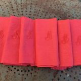 6 large cherry dyed damask cotton napkins, MB monogram, floral weave pattern