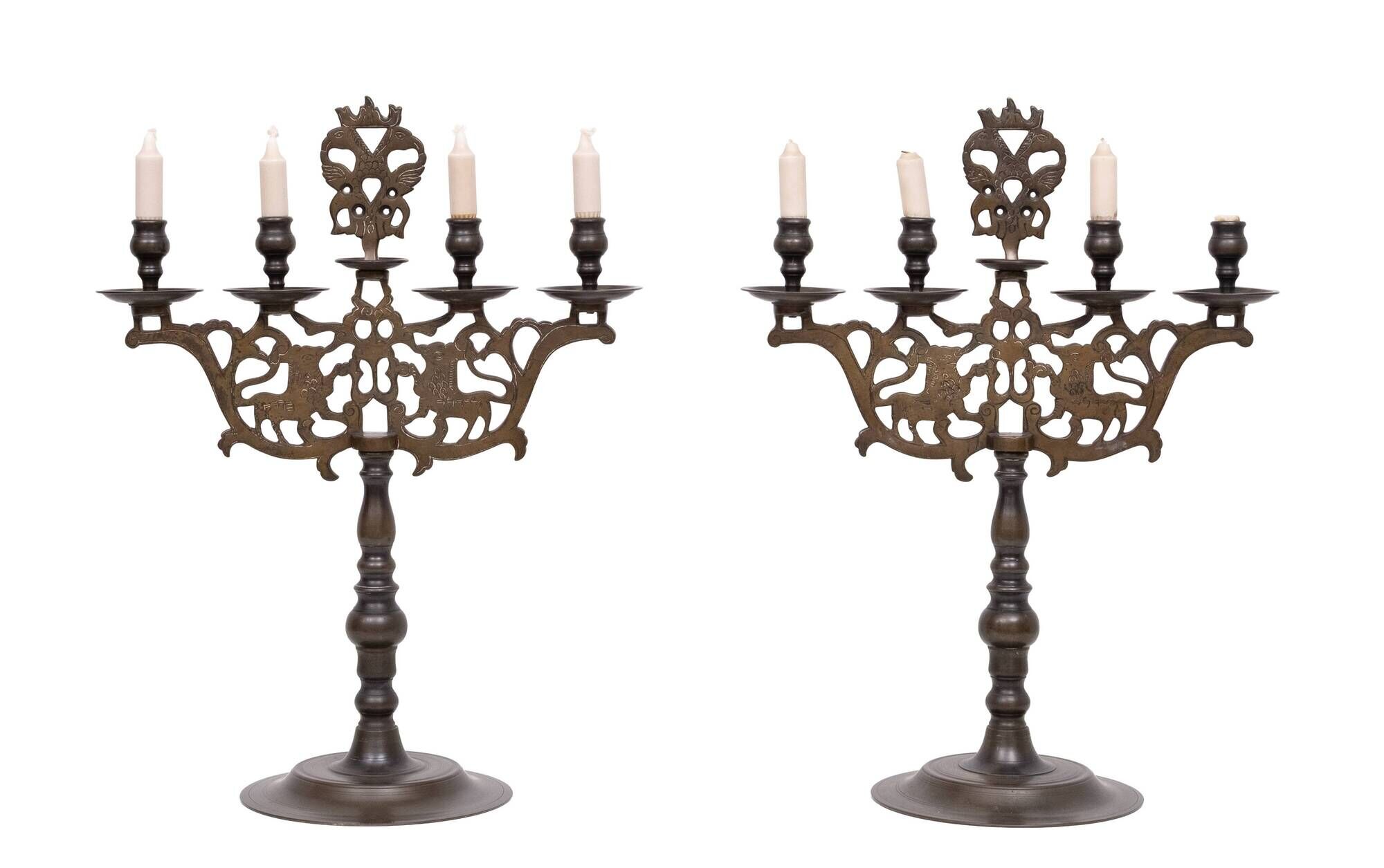 Pair Large Antique Bronze Shabbat Candelabra Germany
