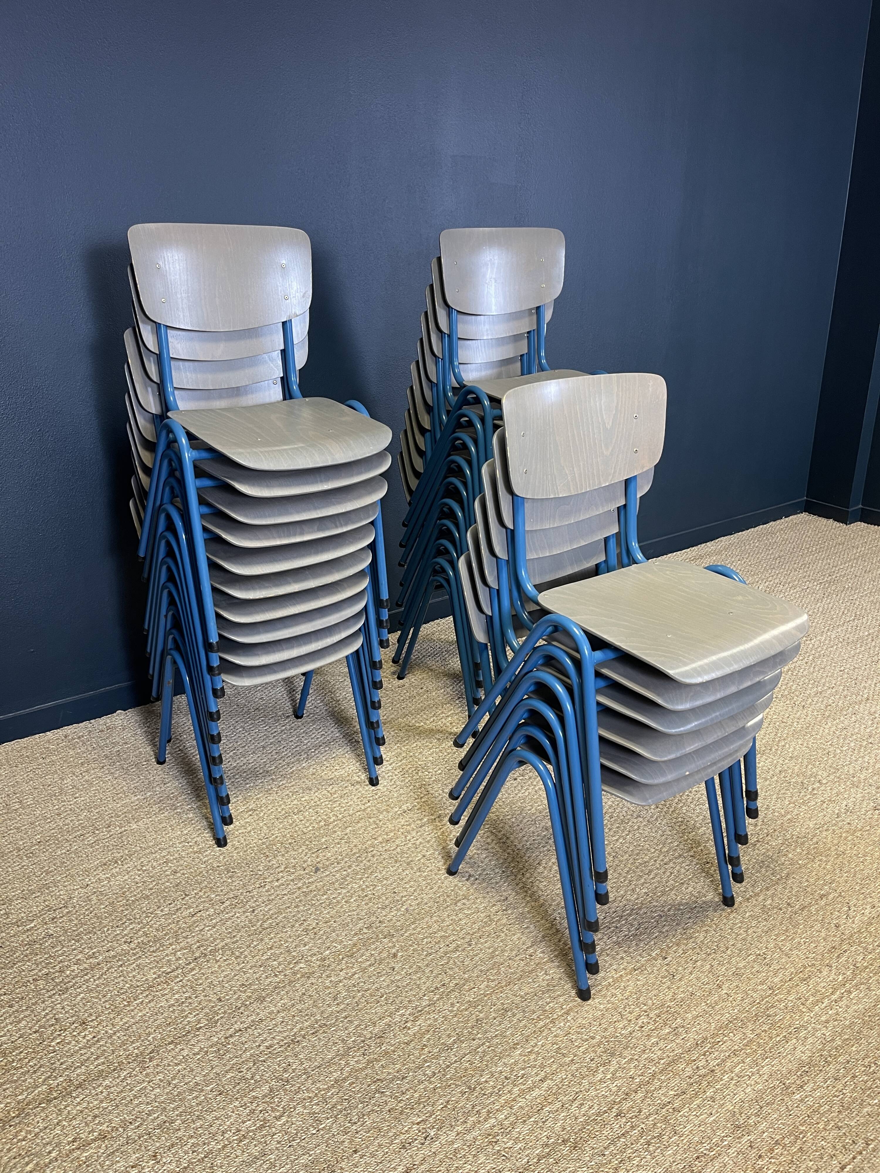 Lot of 25 gray wood school chairs with blue feet Netherlands 70s/80s