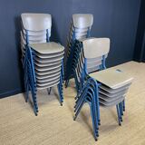 Lot of 25 gray wood school chairs with blue feet Netherlands 70s/80s