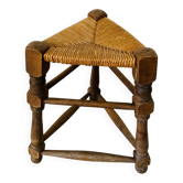 Ancien tabouret tripode en bois et paille