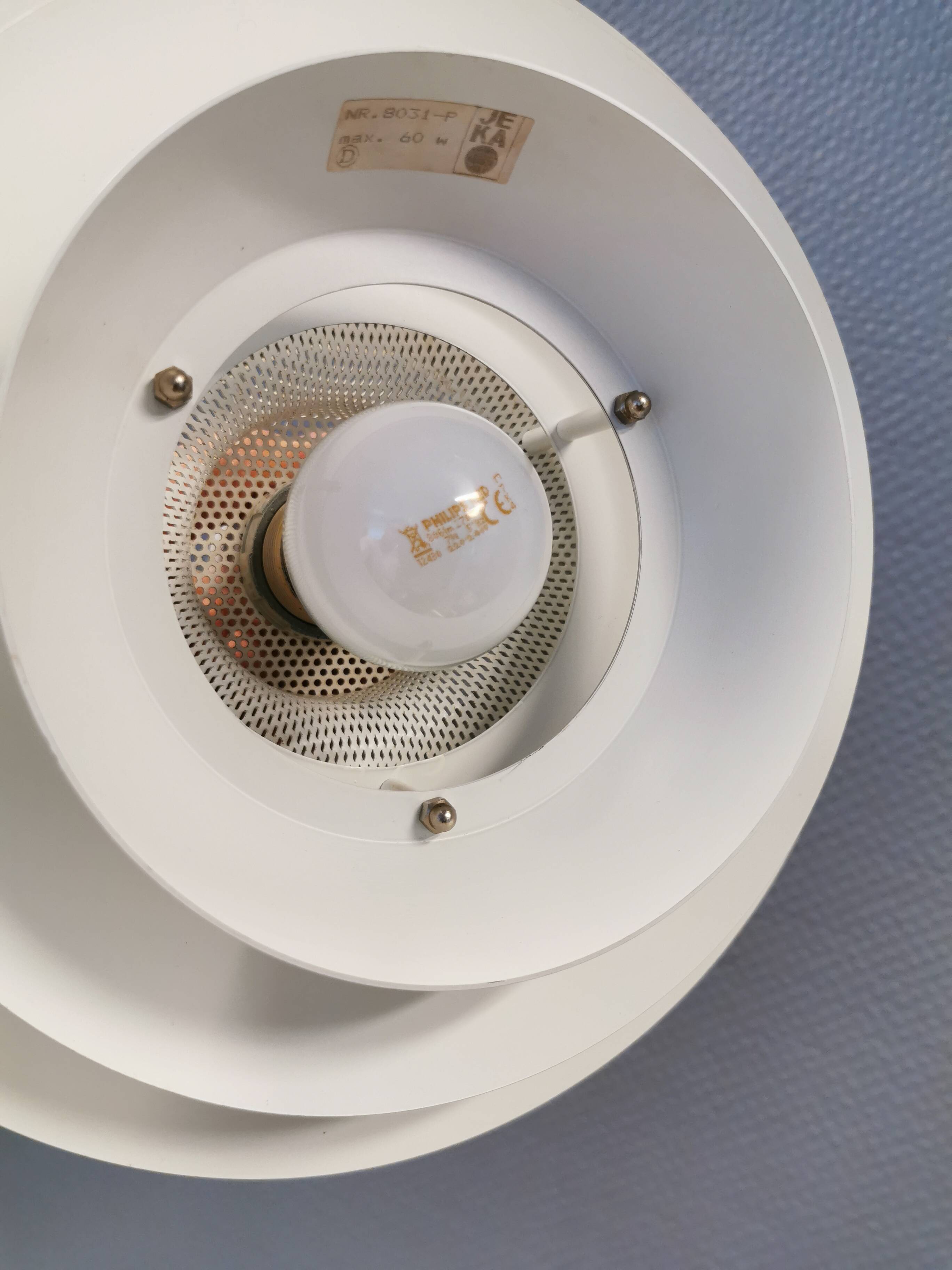 Jeka hanging lamp model 8031-P, in original white lacquer.