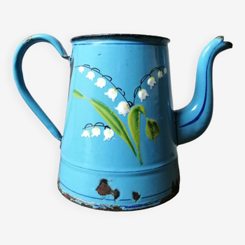 Blue enameled coffee pot with lily of the valley decor