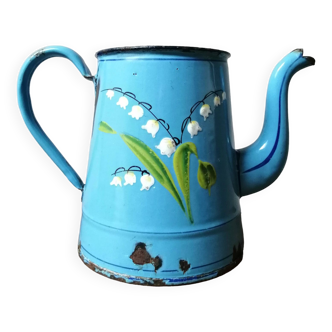 Blue enameled coffee pot with lily of the valley decor