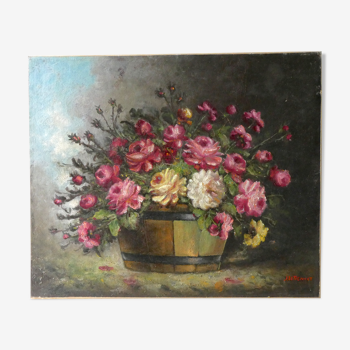 Tableau, huile sur toile, nature morte, bouquet de fleurs