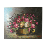 Tableau, huile sur toile, nature morte, bouquet de fleurs