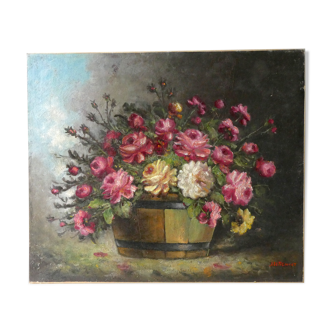 Tableau, huile sur toile, nature morte, bouquet de fleurs