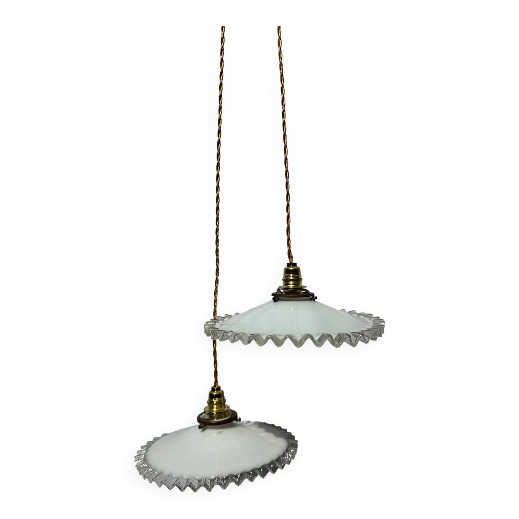 Vintage wavy opaline suspension pair with brass claw