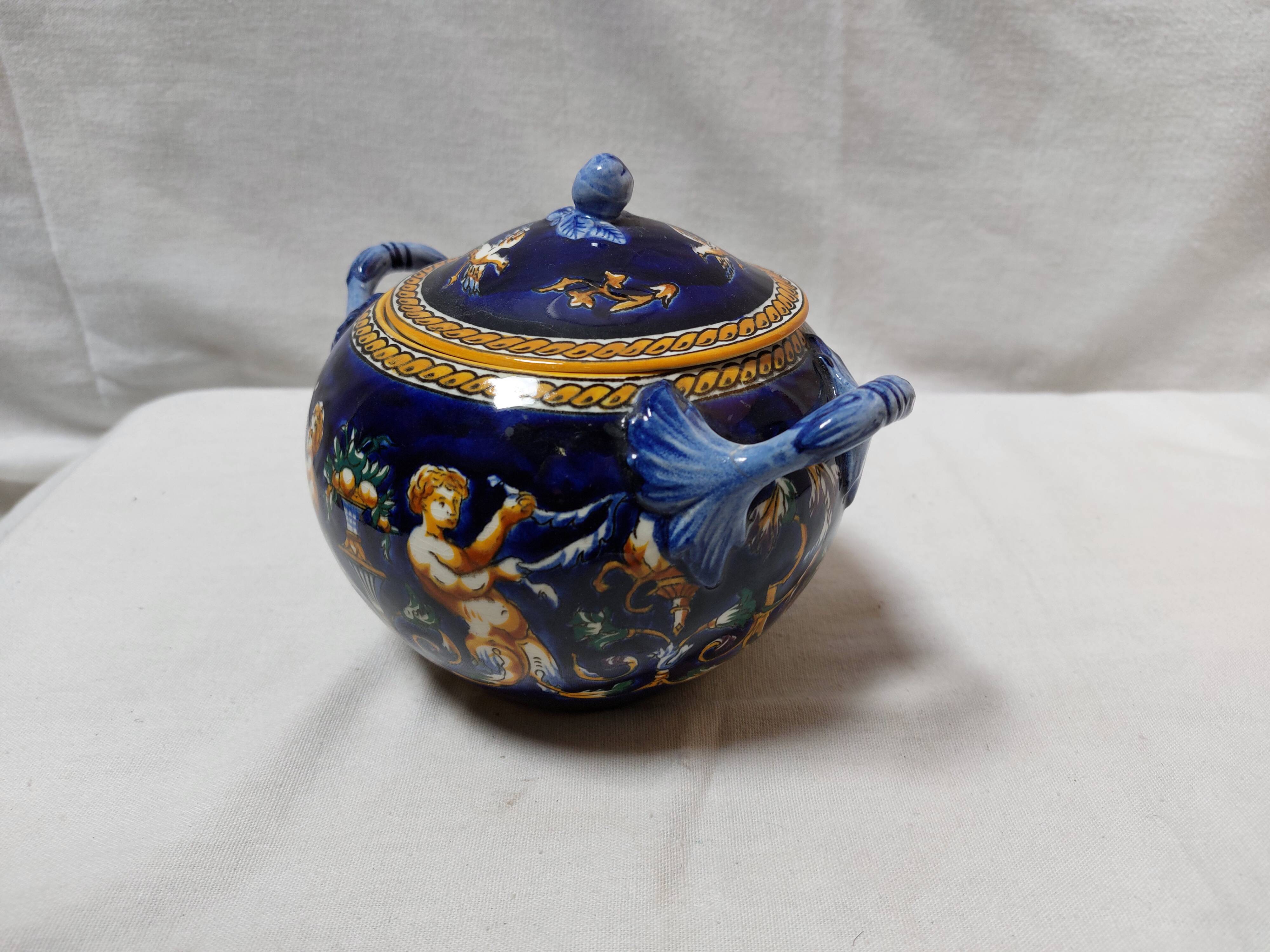 Large Gien blue sugar bowl or candy dish, Renaissance model