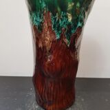 Vase céramique forme tronc marron coulures vertes vintage