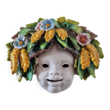 Vintage Italian ceramic wall mask, handmade, decorated with floral details