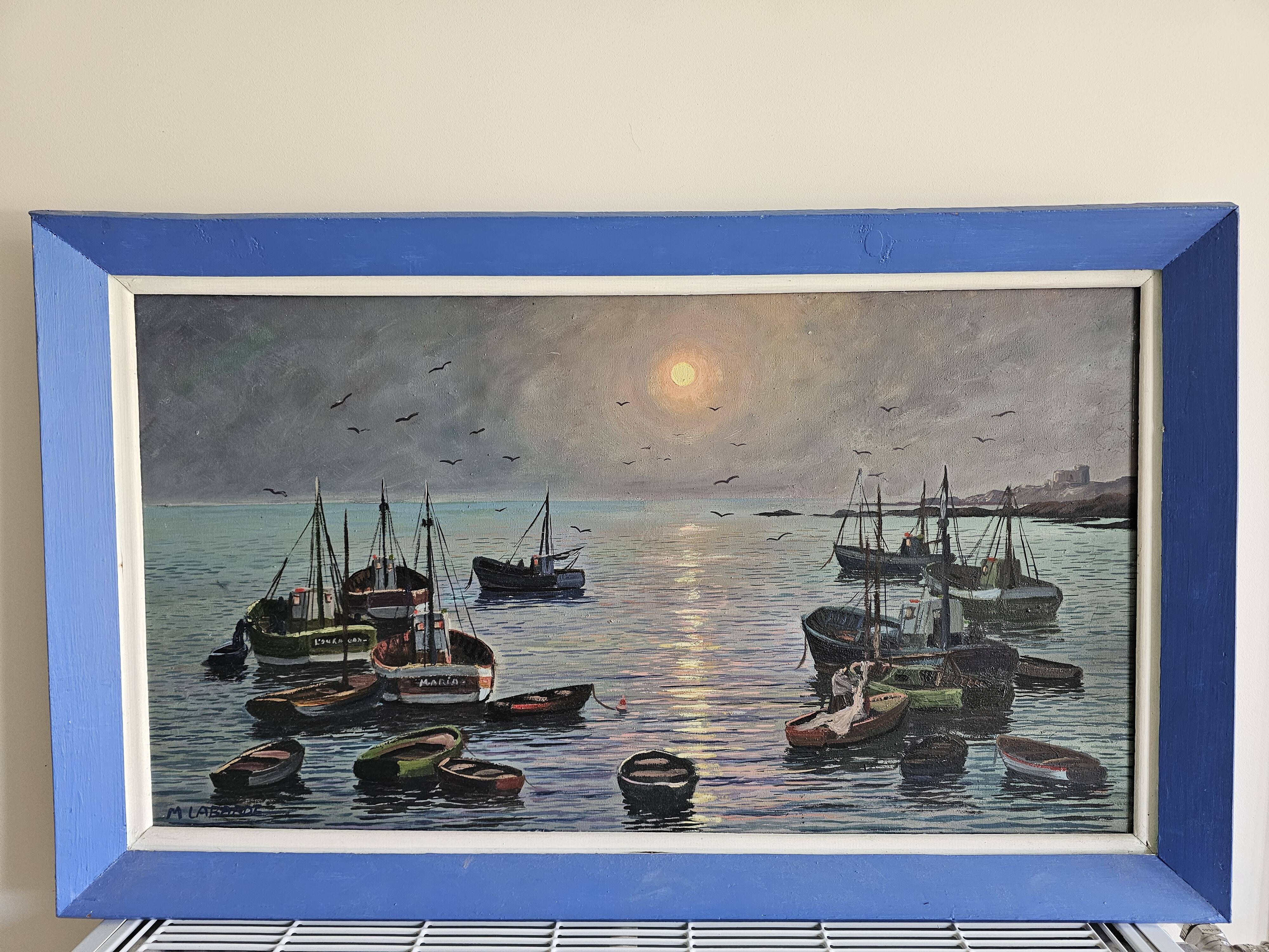 Oil painting on canvas - Marine Sailboats Signed M Labarde 54cm x 89cm