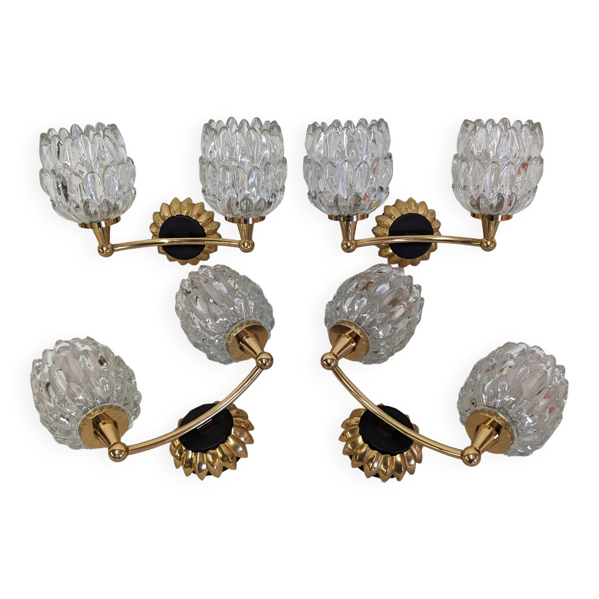 Set of 4 double Art Deco wall lights in Murano glass, France circa 1930.
