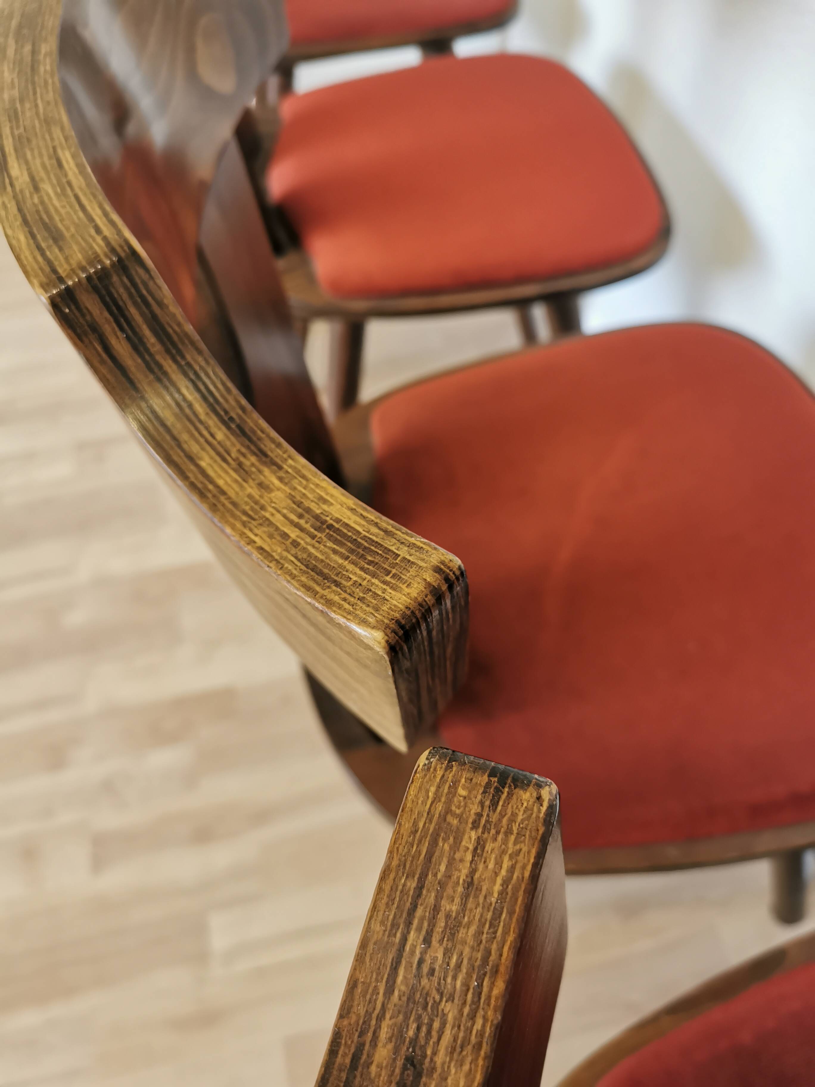 Vintage Tyrolean Dining Chairs: Set of 4, Red Fabric Seat, 1970s