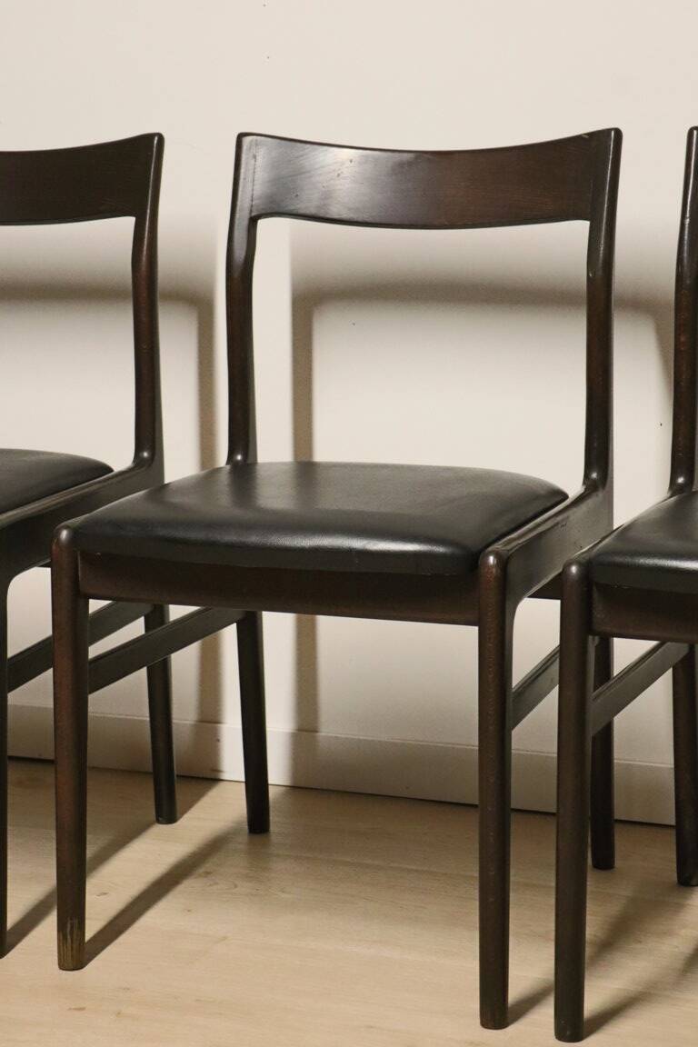 Set of 4 vintage chairs in teak and imitation leather, 1960s