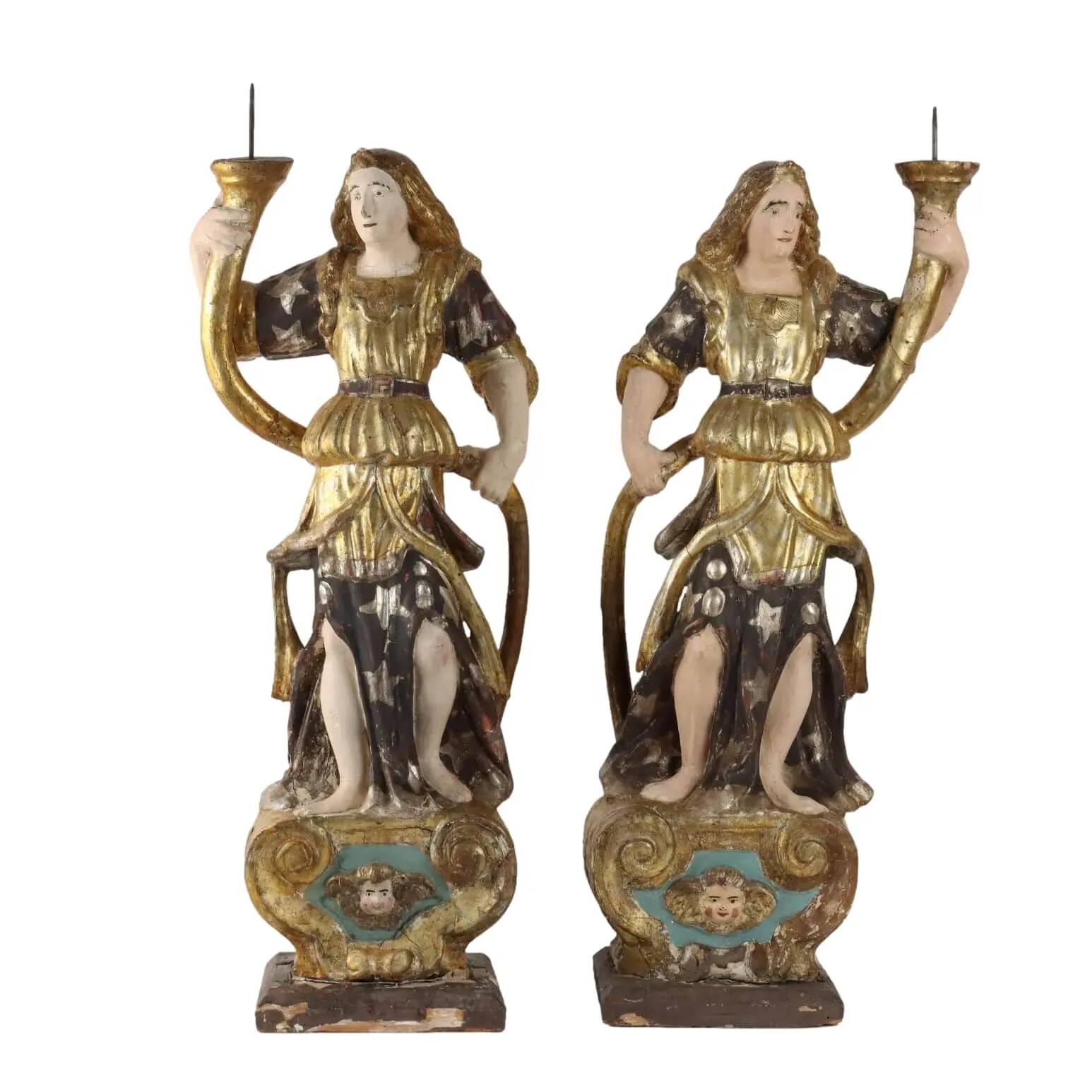 Antique wooden lacquered angel-shaped candlesticks, 18th century.