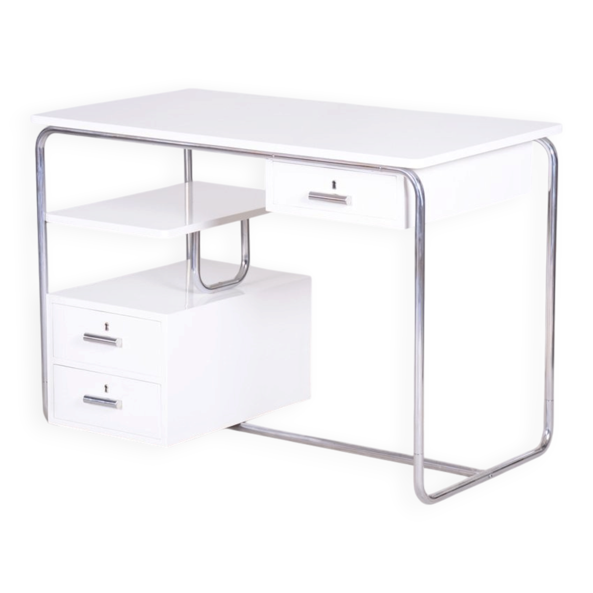 Bauhaus Desk in Chrome-Plated Steel and White Lacquered Wood, Germany, 1930s