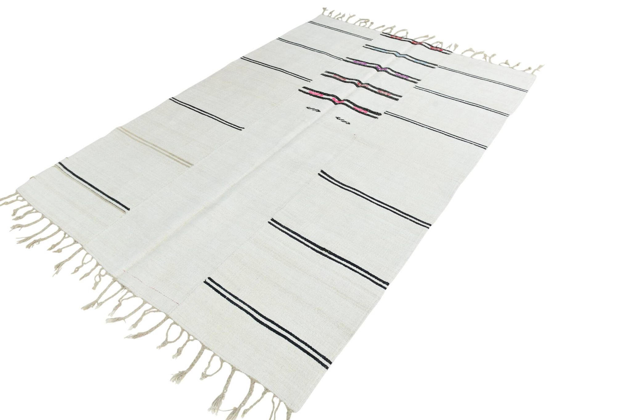 Kilim Turc Vintage Ivoire et Noir, Rayé, Déco Salon Bohème, 176X258Cm