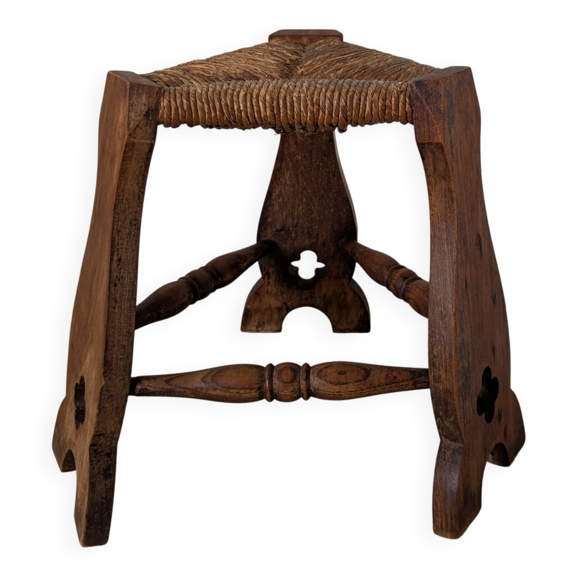 Low tripod farm stool in wood and straw
