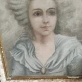 Pastel woman on cardboard with window 18th old frame in its own juice