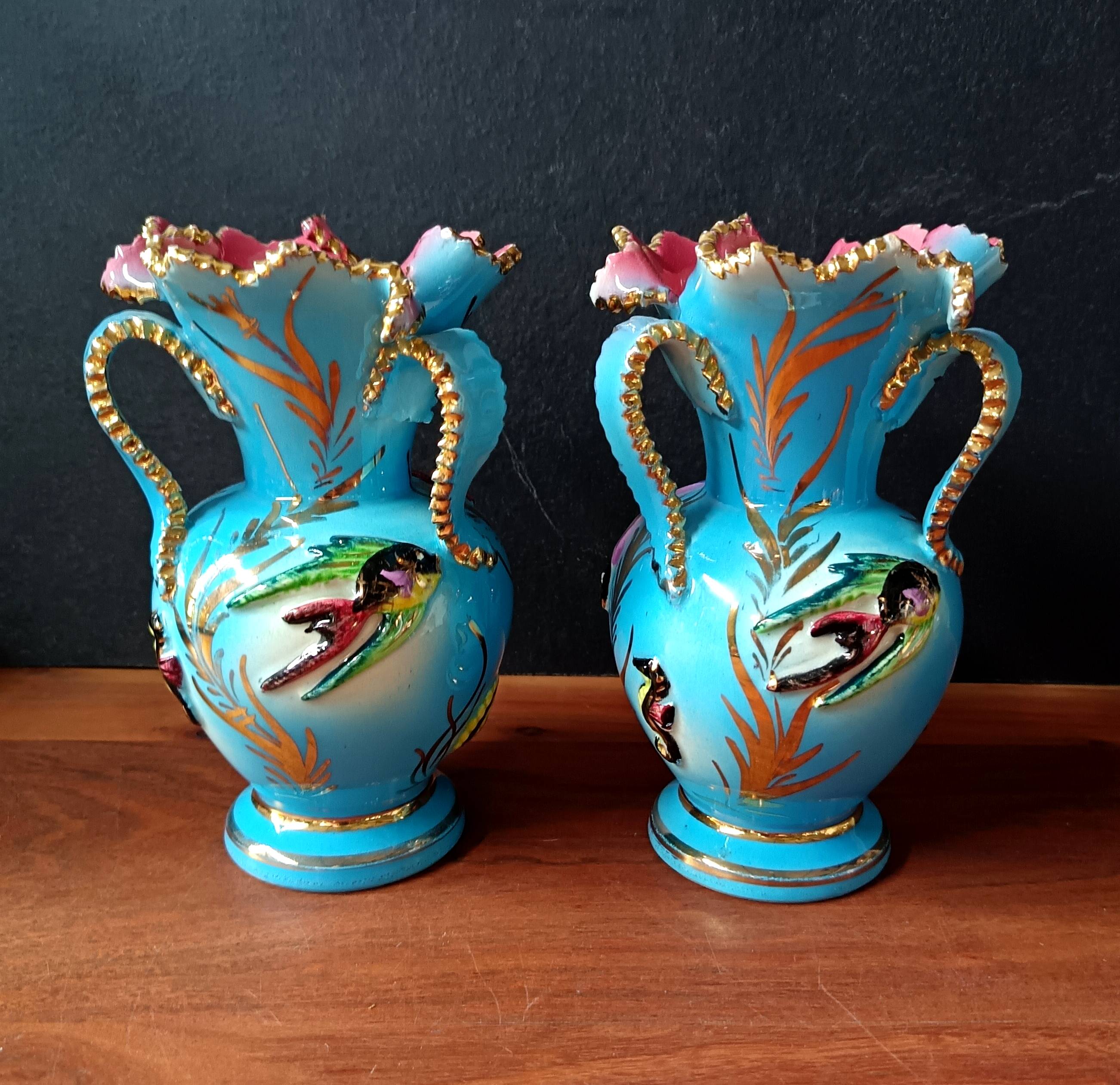 Pair of vintage blue pink ceramic VASES Ceroc Monaco
