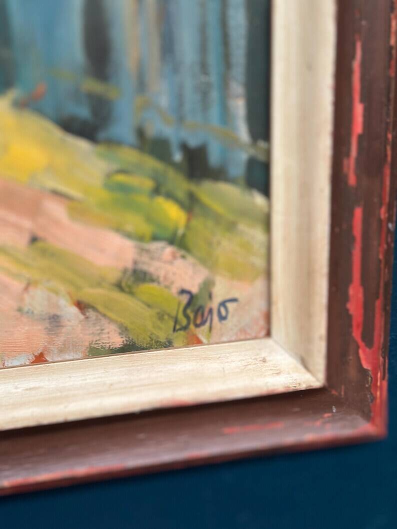Original Swedish Oil on Panel - "Landscape with Fence" by Bajo - Signed - Vintage and Framed - 58 × 52 cm (22.8" × 20.5")