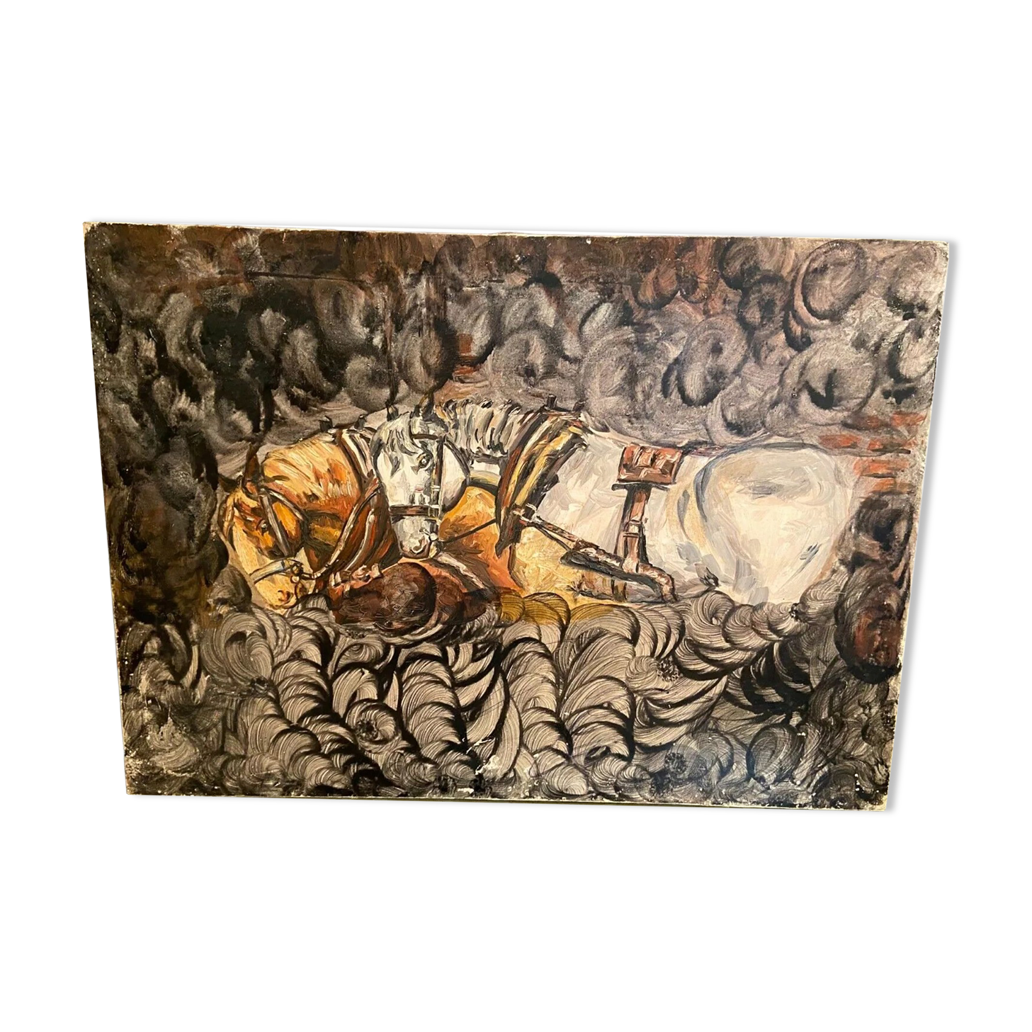 Oil painting on canvas with draft horses signed Ortega 86