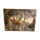 Oil painting on canvas with draft horses signed Ortega 86