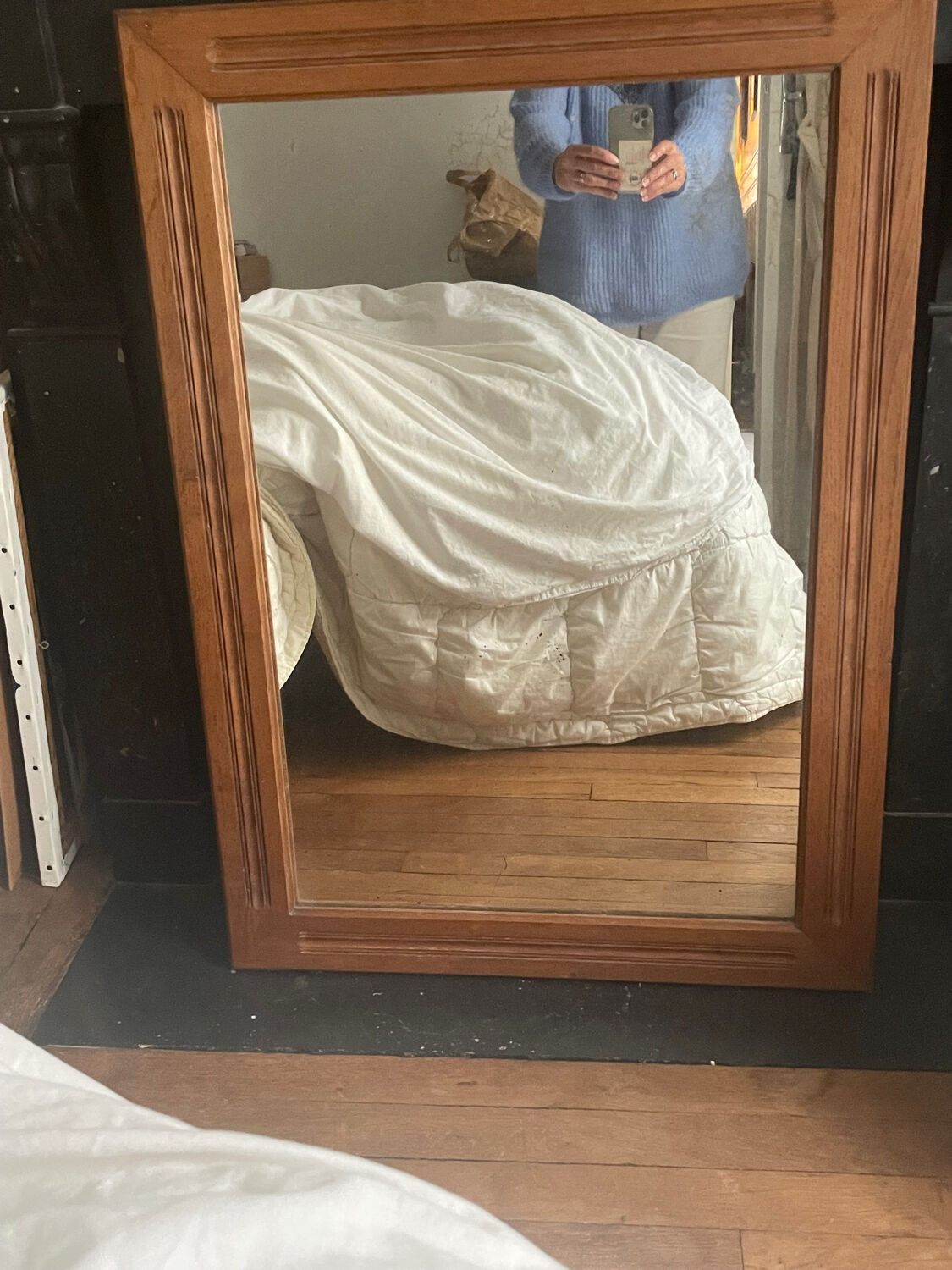 Mercury mirror. Frame in solid oak wood.