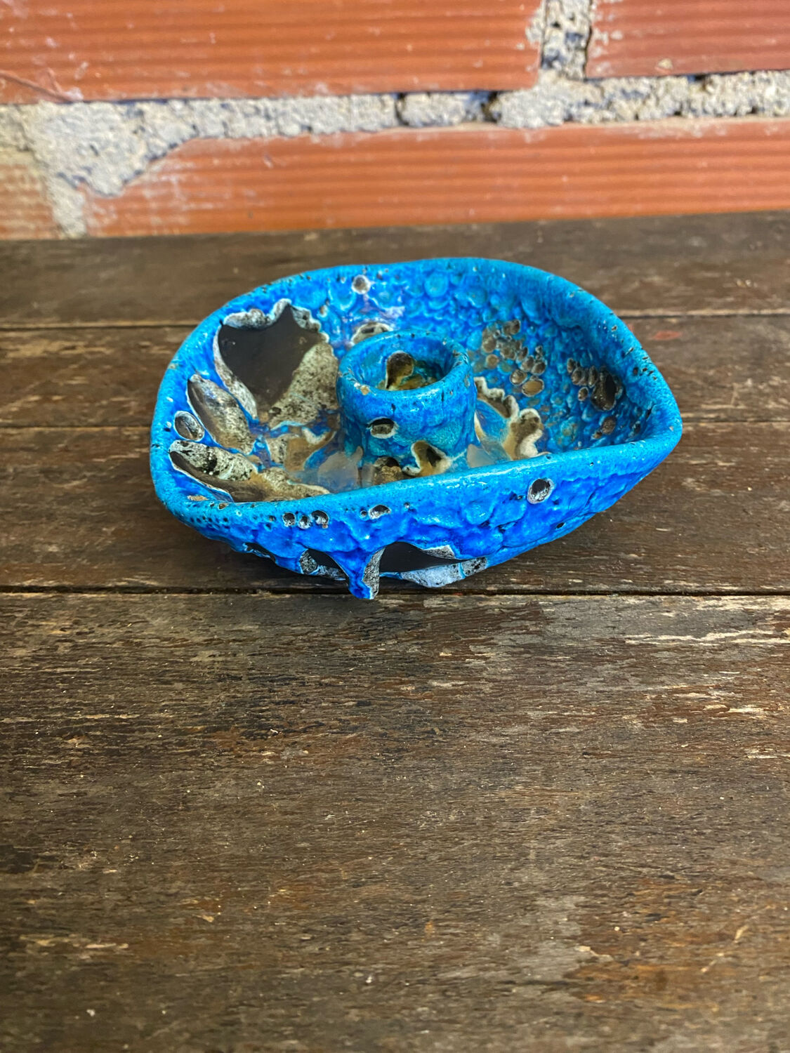 Vintage blue fat lava ceramic cyclops candle holder charles cart