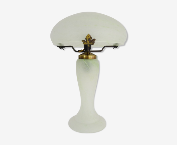 Lampe champignon en pâte de verre blanche et verte, année 80